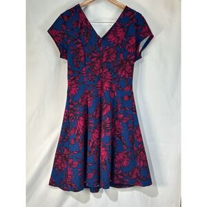 Banana Republic Blue Pink Black Bold Floral Print Flared V-Neck Dress Size 10